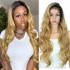 Kalyss 4x4" Lace Front Wigs with Baby Hairs Lightweight Natural Looking 130% Density Curly Body Wavy Ombre Blonde Frontal Lace Hair Wigs for Women Human Hair Blended with Baby Hairs 28" Free Parting