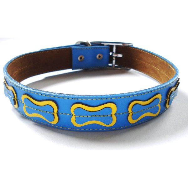 The Cool Puppy XXL Cool Leather Dog Collar - Light Blue with Yellow Bones