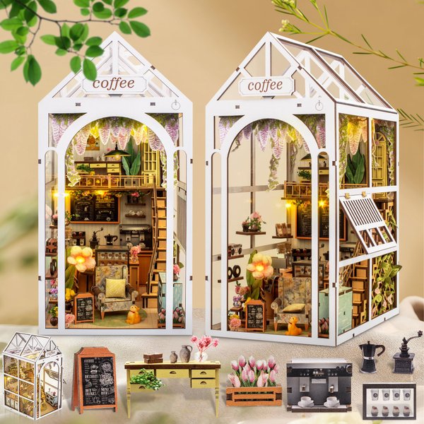 acemend DIY Book Nook Kits for Adults, DIY Miniature Booknook Kit with LED, 3D Creative Decorative Bookend Bookshelf Insert 3D Puzzle for Adults, Birthday for Adults Teens (Coffee Garden House)