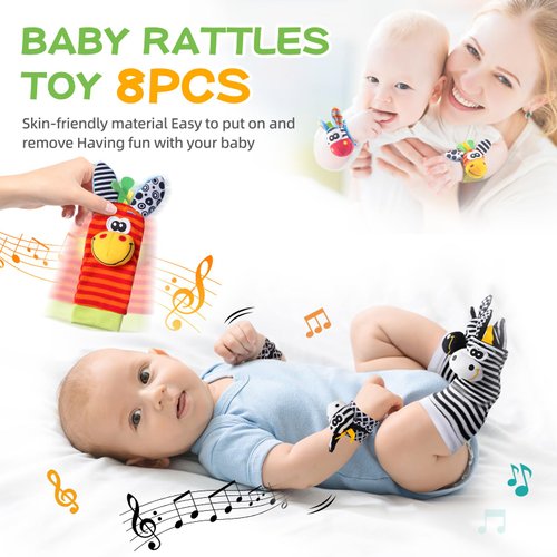 Baby Toys 0-6 Months,High Contrast Baby Toys for Newborn,8 Pcs Baby Rattles Toys,Infant Rattle Socks and Wrist Toy,Newborn Toys 0 3 Months Brain Development,0-6 Months Babies Boy Girl Gift