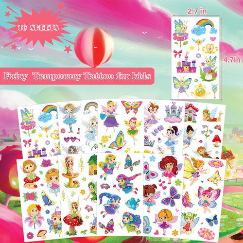 UVUXO Fairy Temporary Tattoo for kids - 10 Sheets Butterfly and Castle Temporary for Girls Boy Body Arm Shoulder Cute Tattoos Stickers, Birthday Party Supplies Gifts for Kid