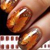 24 Pcs Chrome Maple Leaf Press on Nails Fall Thanksgiving Acrylic Fake Nails Short Square Glossy Red Maple False Nails Gel Glue on Nails Manicure Autumn Maple Stick on Nails for Coquette Women Girls