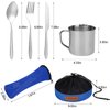 Stainless Steel Camping Cutlery Set, 8 Piece - Includes Spoons, Mugs, Bowls, Plates, Rags & Organizer Straps - Easy to Carry for Backpacking, Camping, Hiking and Picnics (Blue)