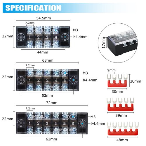 Terminal Strips, FIXITOK 6 Sets 4/5/6 Positions Terminal Block Strips Waterproof 600V 15A Screw Terminal Strips with 400V 15A Pre-Insulated Terminal Barrier Strip Jumper