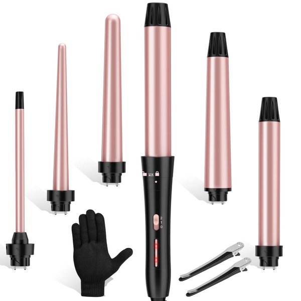 Curling Iron Set, USHOW 6 in 1 Curling Wand Set Hair Iron Kit Instant Heat Up Hair Curler with 6 Interchangeable Tourmaline Ceramic Barrels (0.35'' to 1.25'') Temperature Adjustments, with Gloves