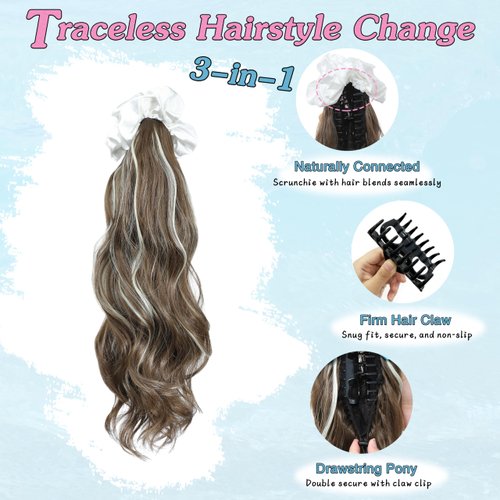 BUPPLER Ponytail Extension with Scrunchies Ponytail Wig Claw Clip in Fake Ponytail Hair Extensions Synthetic High/Low Pony Tail Hair Piece for Women (Frost White Scrunchie Brown Ash Blonde Wavy)