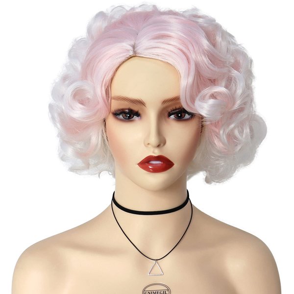 GNIMEGIL Pale Pink Wigs Short Curly Wigs for Women White Ombre Wig Cosplay Synthetic Hair 50s Costume Effie Trinket Wigs Layered Wave