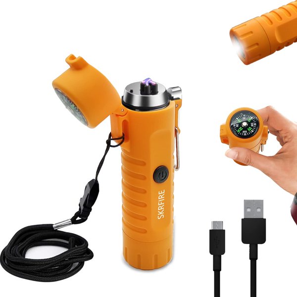 SKRFIRE Waterproof Windproof Outdoor Lighter USB Rechargeable Double Arc Plasma Electric Lighter with Flashlight Compass for Lighting, Camping, Survival, Tactical (Orange)