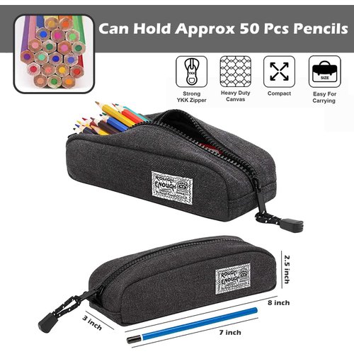 Rough Enough Small Pencil Case for Girls Boys Adults Canvas Pencil Pouch for School Office Stationary Art Supplies Black