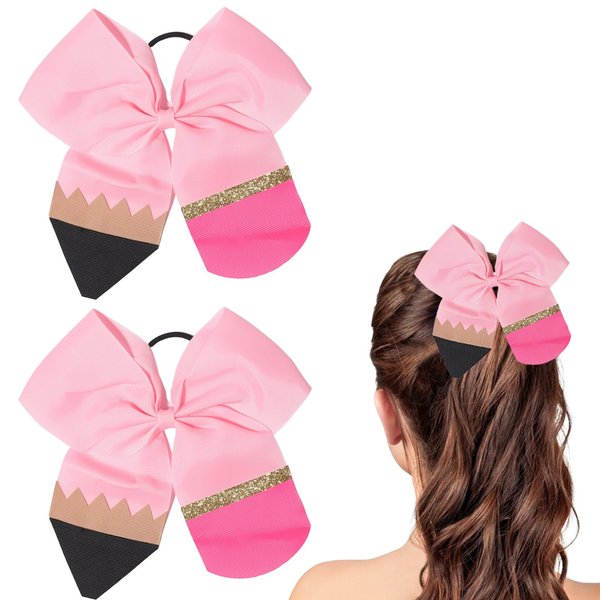 2Pcs Back to School Hair Bow Ties Pink Pencil Hair Ties Big Cute Scrunchies Teen College Elastic Ponytail Holder Cheer Sports Hair Bows for First Day of School Great Holiday Gifts for Students Girls