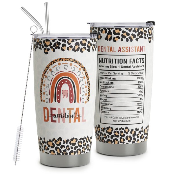 HOMISBES Dental Assistant Gifts for Women - Stainless Steel Leopard Nutrition Facts Tumbler Cup 20oz for Dental Assistant - Dental Assistant Appreciation Travel Mug