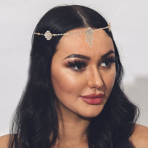 Catery Crystal Headchain Head Jewelry Boho Hair Chain Rhinestone Goddess Bridal Hair Jewelry Wedding Hair Accessories for Women and Girls (Gold)