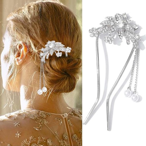 Bartosi Hair Pin Crystal Hair Stick Metal Hairpins for Bun Tassel U Shape Hair Fork Hair Styling Hair Accessories for Women and Girls