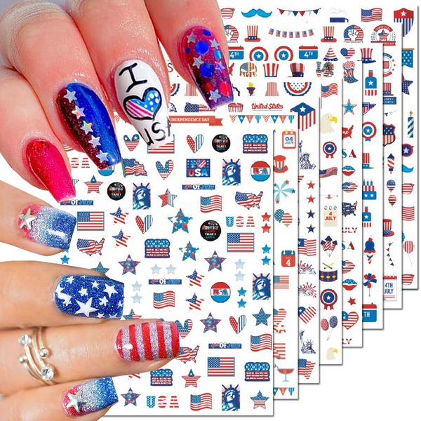 8PCS Independence Day Nail Art Sticker 4th of July Nail Decals 3D Self-Adhesive USA Flags Heart Star Stripe Nail Designs Memorial Day Nail Supplies American for Women Independence Day Nail Decoration