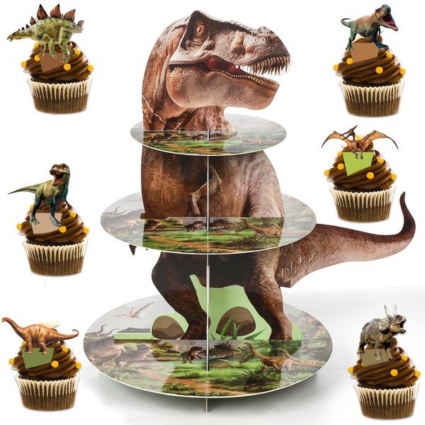 Dinosaur Themed Cupcake Stand for Dino Birthday Party Decorations 24 Cupcake Topper 3 Tier Dinosaur Dessert Tower for Kids Boys Jungle Birthday Baby Shower Party Supplies Favors