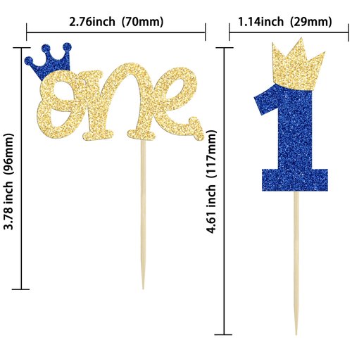 Ephlyn 24Pcs 1st Birthday Cupcake Toppers Glitter Crown One Cake Topper Decorations First Birthday Cake Decorations for Baby Shower 1st Birthday Party Supplies Blue Gold