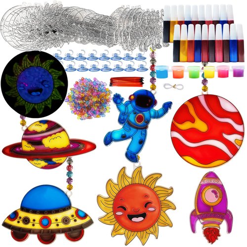 Ayhuhra 30 Sets DIY Window Art Craft Solar System Sun Catchers Kits Space Suncatcher Craft Planets Glow in The Dark Kit for Outer Space Room Décor Classroom Activities Art Project Party Favors