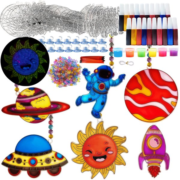 Ayhuhra 30 Sets DIY Window Art Craft Solar System Sun Catchers Kits Space Suncatcher Craft Planets Glow in The Dark Kit for Outer Space Room Décor Classroom Activities Art Project Party Favors