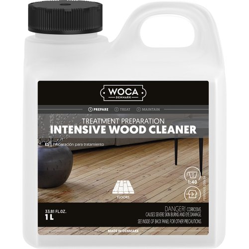 WOCA Intensive Wood Cleaner |1 L| is a concentrated formula for the preparing and treatment of raw wood to accept wood stains, soap finishes, oil finish, hardwax oil finish, UV oiled finish