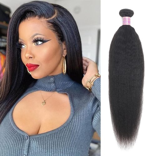 Kinky Straight Human Hair Bundles 18Inch Yaki Straight Human Hair Extensions 1 Bundles Unprocessed Brazilian Virgin Kinky Straight Human Hair For Black Women Natural Black