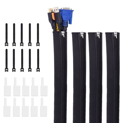 ellostar Cable Management Protection Sleeves for Cord, Reusable Cable Ties, Name Sticker for TV Computer Home Office Entertainment Improvement