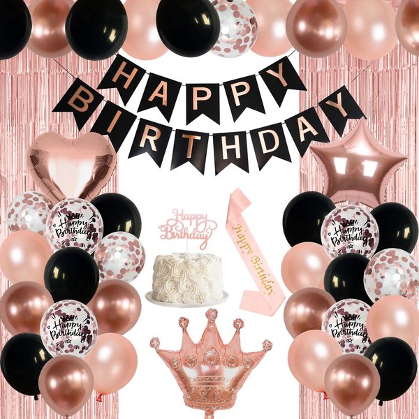 Rose Gold Birthday Decorations for Women Black Rose Gold Balloons Birthday Party Decoration Rosegold Happy Bithday Banner Sash Cake Topper Fringe Curtain Foil Balloon for Girls Birthday Party Supplies