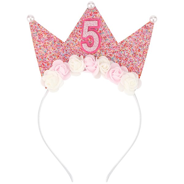 SuPoo 5th Birthday Decorations for Girl 5th Birthday Girl Headband Birthday Crown for Girls Glitter Hair Band for Party 5 Year Old Happy Birthday Decorations Flower Princess Tiara Hair Accessory