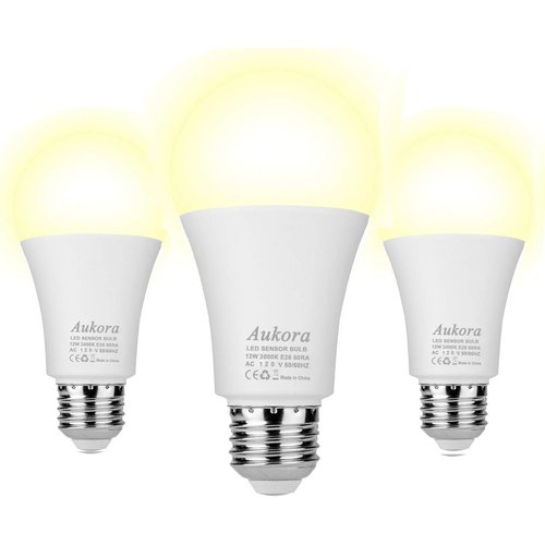 Dusk to Dawn Light Bulb, Aukora Smart Sensor LED Light Bulb, 12W (100-Watt Equivalent), 3000Kelvin, E26 Base Automatic On/Off Led Bulb Outdoor/Indoor for Porch Garage Patio Garden(Warm White, 3 Pack)