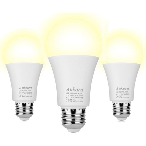 Dusk to Dawn Light Bulb, Aukora Smart Sensor LED Light Bulb, 12W (100-Watt Equivalent), 3000Kelvin, E26 Base Automatic On/Off Led Bulb Outdoor/Indoor for Porch Garage Patio Garden(Warm White, 3 Pack)
