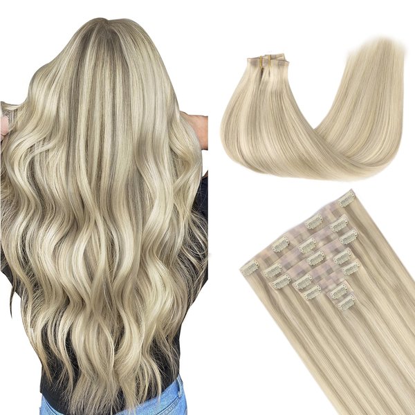 GOO GOO Clip in Hair Extensions Real Human Hair, 18inch 130g 7Pcs, 17A/60A Ash Blonde Highlighted Platinum Blonde, Remy Human Hair Extensions Clip ins for Women, Natural Human Hair