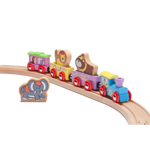 Maxim Enterprise, inc. Kids Circus Train with Steam Engine, 2 Cars, Caboose, 3 Wooden Animals, Colorful Hardwood Railway Set with Easy Magnetic Connectors, Sensory Learning Toy Train