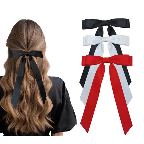 TOPSTUFF 3PCS Hair Bows for Women,Hair Bows for Girls,Hair Ribbons with Metal Clips for Teens,Hair Accessories Bow Clip for Women, Bow Knot Barrettes for Hair Ribbon Bows for Girls,(Black White Red)