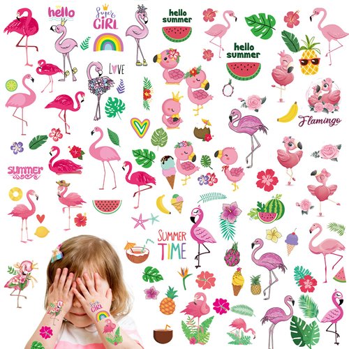 Qpout 20 Sheets Flamingo Tattoos 194 PCS Summer Temporary Tattoos for Kids Pink Cute Face Fake Tattoos Sticker for Girls Baby Shower Prizes Rewards Flamingo Party Supplies Decorations
