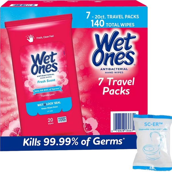 7-Pack Wet Ones®' Antibacterial Hand Wipes Travel Packs - Fresh Scent - 20ct EACH PACK (140 Wipes) - BONUS: 1pk Disposable & Portable Travel Toilet Seat Cover!