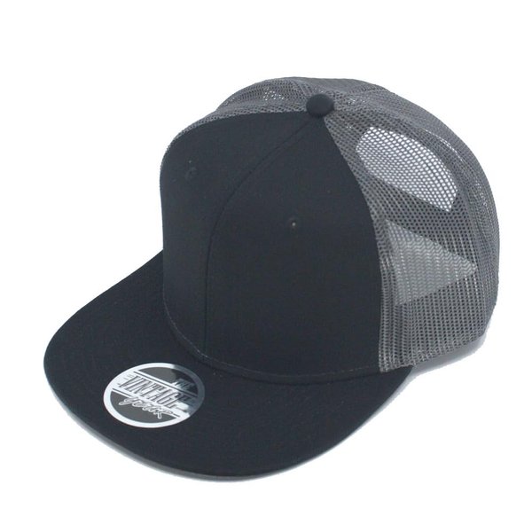 The Vintage Year Plain Cotton Twill Flat Brim Mesh Adjustable Snapback Trucker Baseball Cap (Black/Black/Charcoal Gray)