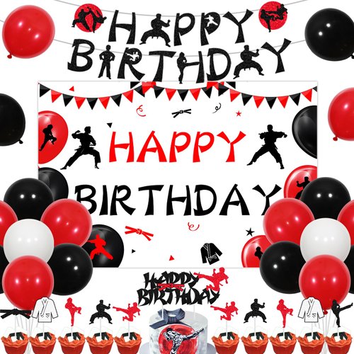 kreat4joy Karate Birthday Decorations, Taekwondo Birthday Party Decorations Backdrop Banner Cupcake Cake Toppers Balloons for Kids Boy Girl Sports Birthday Party