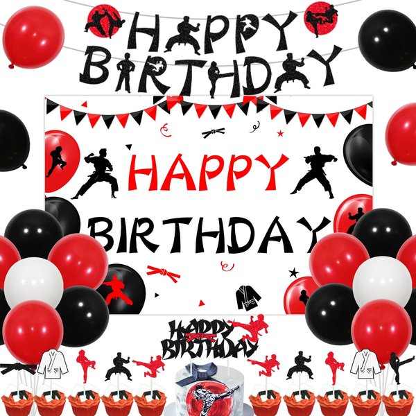 kreat4joy Karate Birthday Decorations, Taekwondo Birthday Party Decorations Backdrop Banner Cupcake Cake Toppers Balloons for Kids Boy Girl Sports Birthday Party