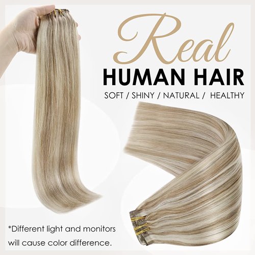Full Shine Seamless Clip in Hair Extensions Human Hair 18 Inch Blonde Highlights Clip in Extensions Skin Weft Dark Golden Brown Mix Blonde Human Hair Extensions Pu Weft 8Pcs 120 Grams Full Head