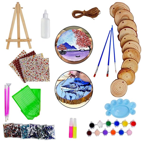 Insgen Kids Wooden Painting Kit Crafts for Kids Wood Slices with Gem Diamond Painting Sets-Little Children's Art & Craft Paint Projects Arts Kits Gifts for Girls Kids Boys Toddlers