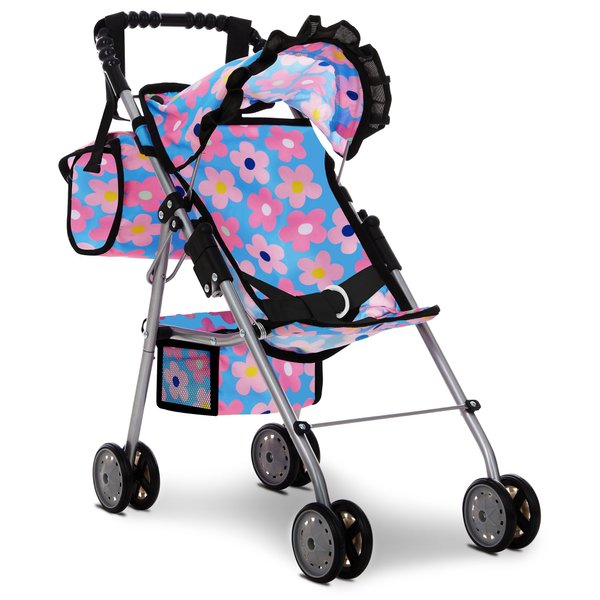 Baby Doll Stroller for Girls, Toddler Play Toy Doll Buggy Carriage, Foldable with Canopy, Storage Basket, Travel Diaper Bag, Blue