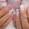 IMSOHOT Medium Press on Nails Coffin Pink Gradient Fake Nails Flash Flower Glossy Glue on Nails Ballerina Full Cover Acrylic False Nails for Women