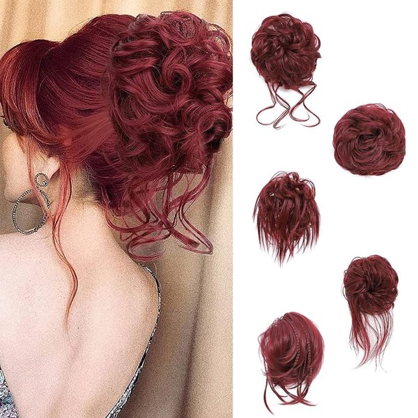 Elvirgel 5 Pieces Messy Hair Bun Hair Scrunchies Hair Accessories For Women Wavy Curly Hair Wrap Ponytail Synthetic Hair Bun