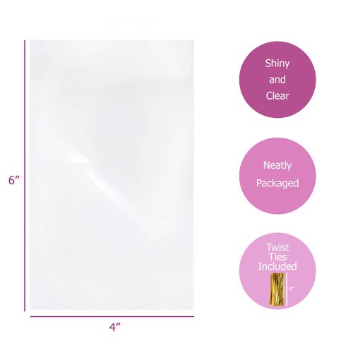 Purple Q Crafts Clear Plastic Cellophane Bags with 4" Colored Twist Ties for Gifts Party Favors (4"x6" 100 Pack)