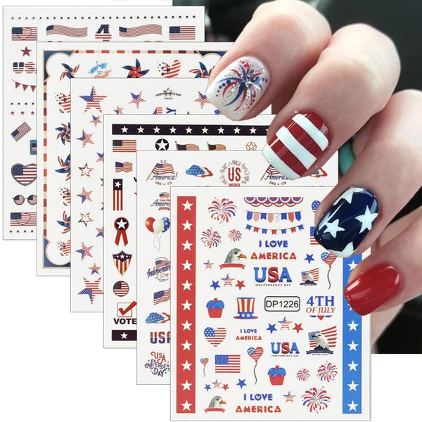 6Pcs Independence Day Nail Art Stickers Patriotic American Flag Heart balloon Fireworks Nail Design 4th of July Nail Stickers 3D Self-Adhesive Star Nail Decals Decoration for Women DIY Nail Supplies