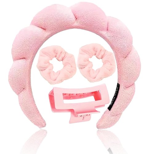 Meekest Skincare Headband for Washing Face, Spa Headband and Wristband Set for Women and Girls with Hair Clip Scrunchies, Makeup Headbands Cute Terry Cloth Sponge Stuff - Pink