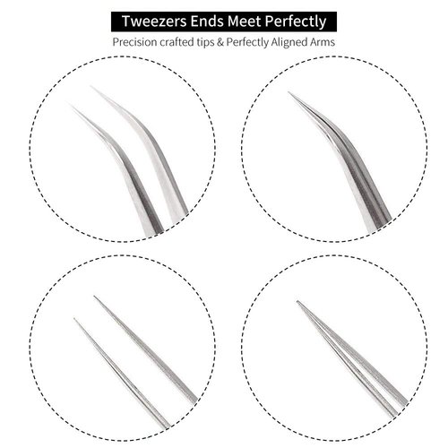 Best Eyelash Extension Tweezer Set - FEITA Pro Straight & Curved Pointy Precision Fine Tip Tweezers for Lash Extensions - Silver - 2Pcs