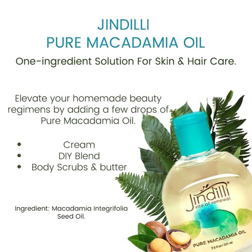 Jindilli - Pure Macadamia Oil for Hair and Skin | Cold-Pressed, Filtered, All-Natural, Vegan, Non-GMO, Hexane-Free, Cruelty-Free - Moisturizing and Nourishing Oil for Hair and Skin (7.5 oz)