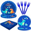 HJINGY 96 PCS Dinosaur Party Supplies Blue Dinosaur Birthday Party Tableware Set for Boy Kids Blue Dino Plates Napkins Forks Party Decorations for 24 Guests Dino Party Favors