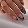 Black French Tip Press on Nails Medium Coffin Fake Nails Silver Glitter False Nails with Design Leopard Glue on Nails Short Acrylic Nails Stick on Nails for Women Manicure 24Pcs