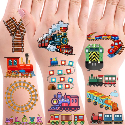OriniPlay 192PCS Colorful Train Tattoos Temporary Stickers Suitable for transportation Themed Birthday Party Favors Supplies Decorations Goodie Bag Stuffers (24 Sheets)